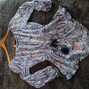 Paisly beach romper with pom pom fringe